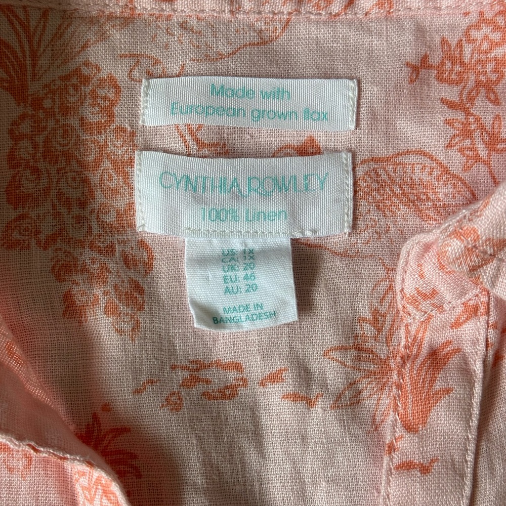 Cynthia Rowley Women’s 100% Linen Blouse Pink Floral Lightweight Button-Up Top - Picture 2 of 5